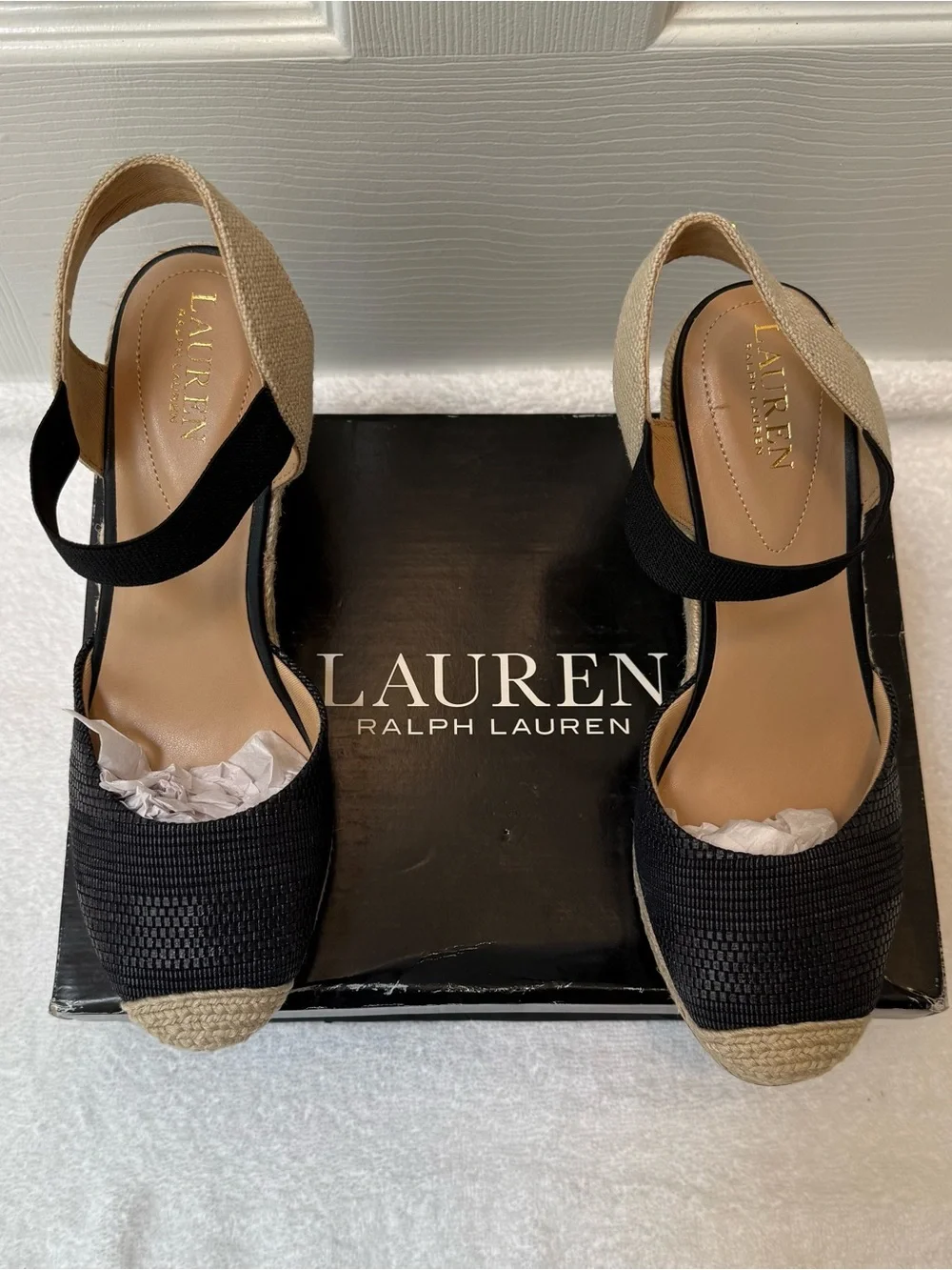 Ralph Lauren Black and Natural Espadrille Wedge Sandals with Ankle Strap
